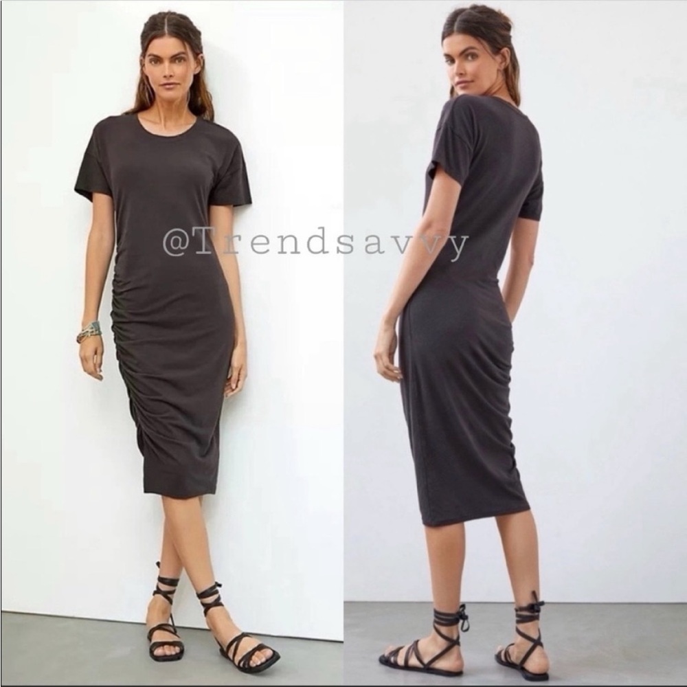 Anthropologie Black Ruched Midi Dress Short Sleeve Slit Hem Size M Chic NWT